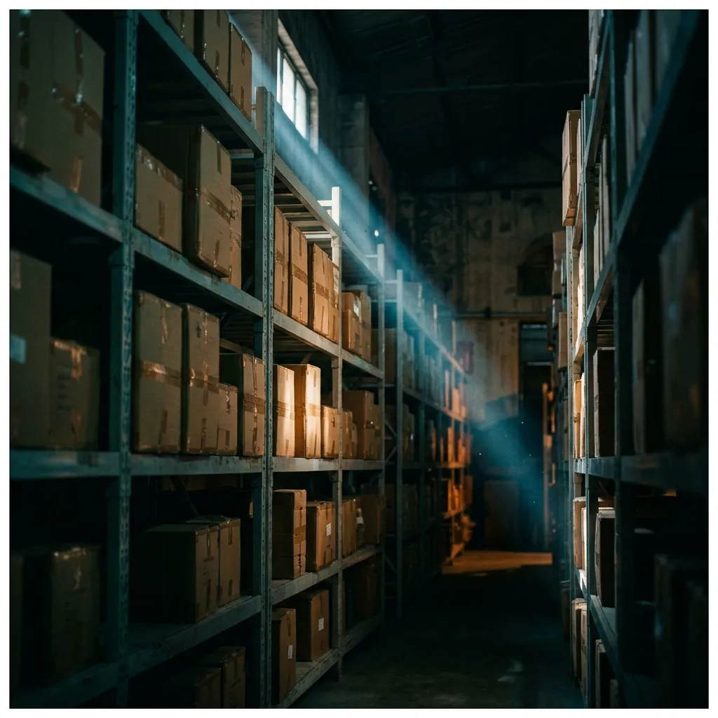 A dim warehouse aisle stacked with unsold inventory boxes