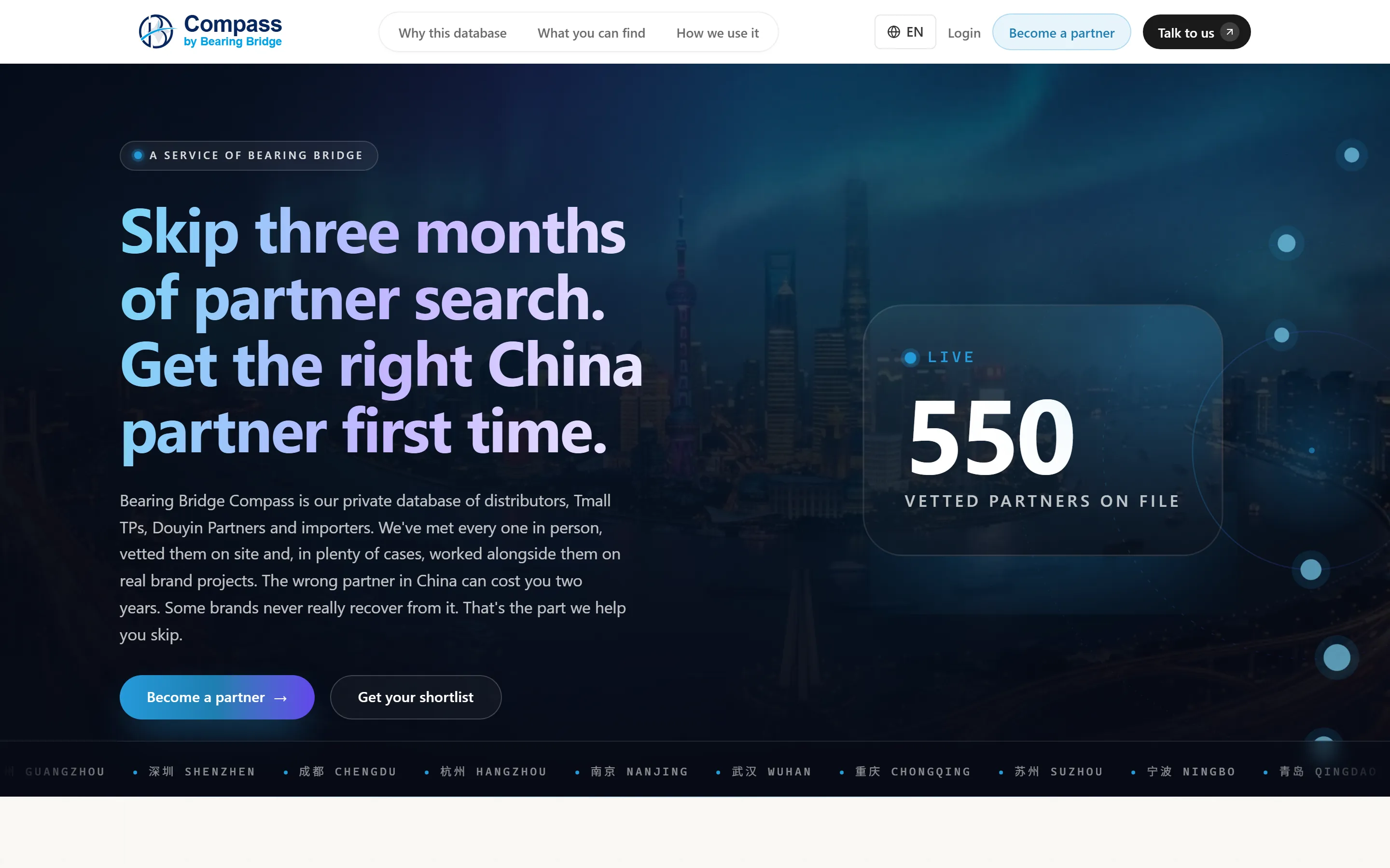 The Compass site by BearingBridge: a private database of vetted China distribution and channel partners.