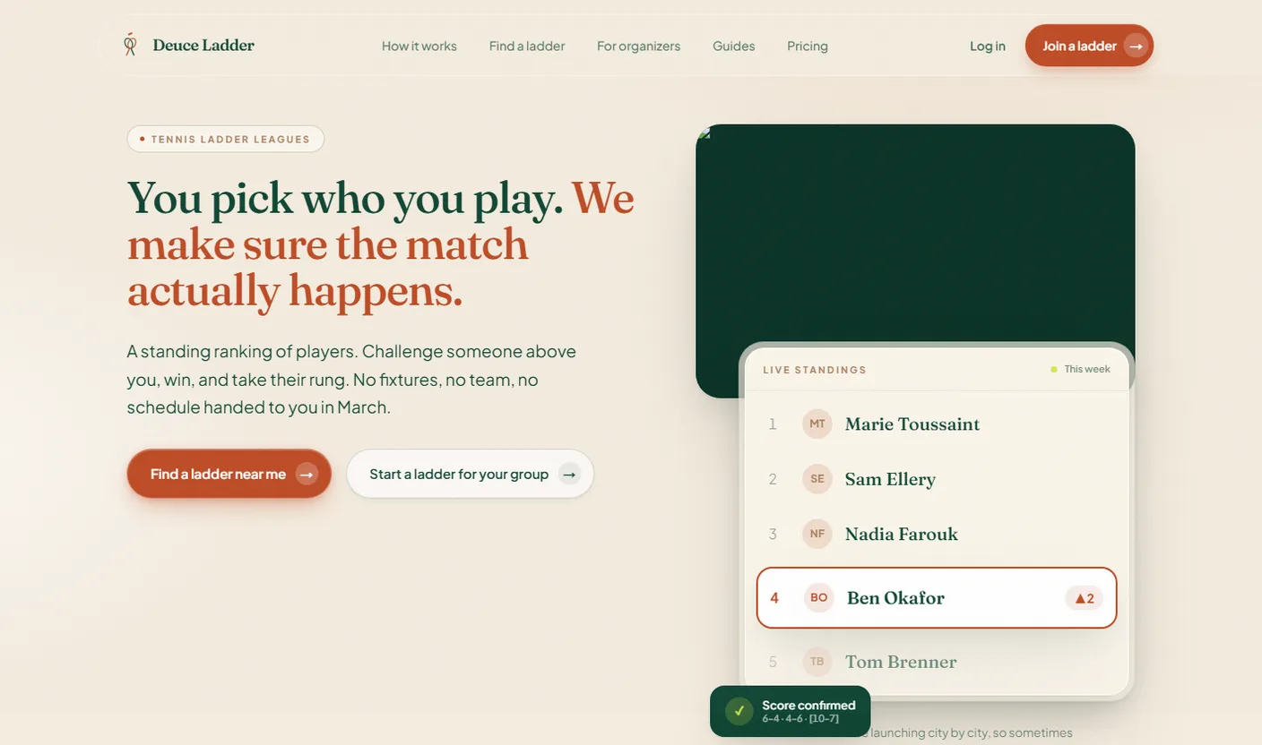The DeuceLadder homepage, showing live ladder standings.