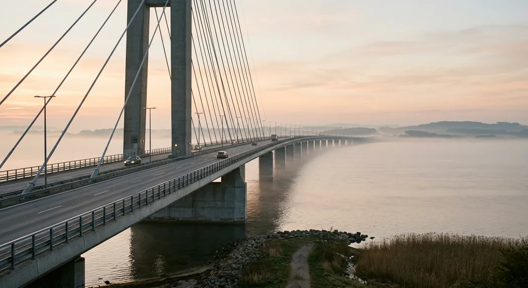 A modern bridge over water at dawn.