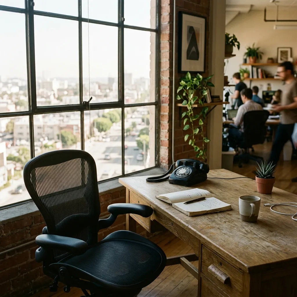 A bright office corner with a desk and phone.