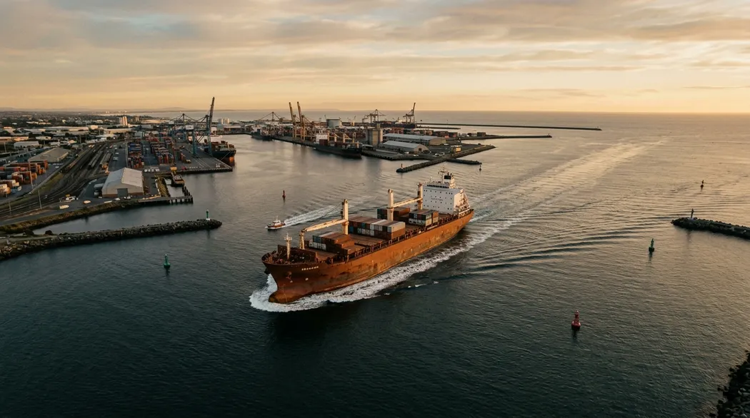 A cargo ship leaving harbor, seen from above.