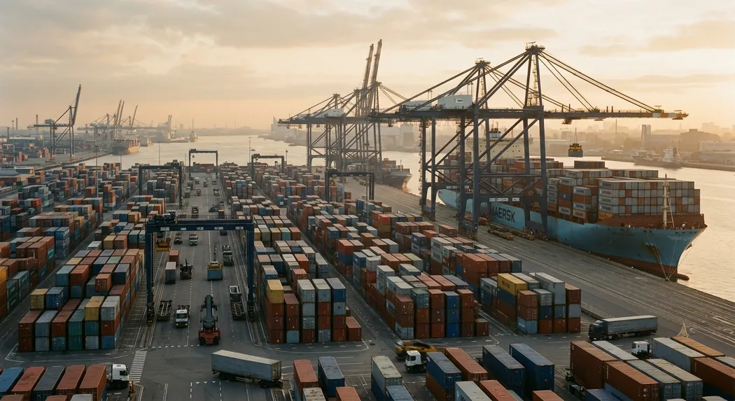 Container port cranes at golden hour.