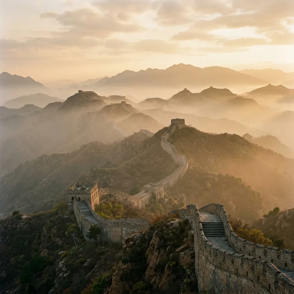 The Great Wall of China winding over misty ridges at golden hour.