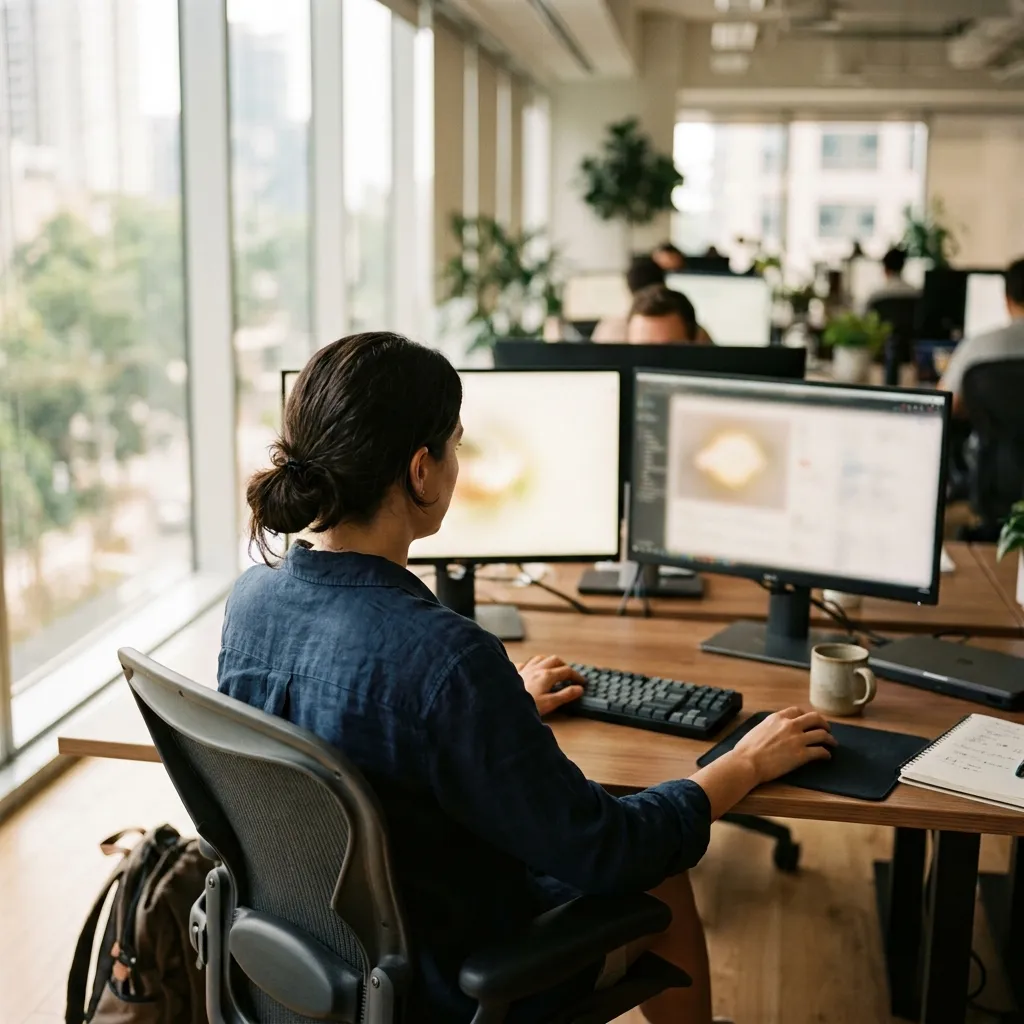 A person working at a desk with two monitors in a bright office.